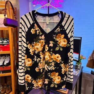 Vanilla Bay Black V-Neck Sweater with Mustard Floral & Black-White Stripes